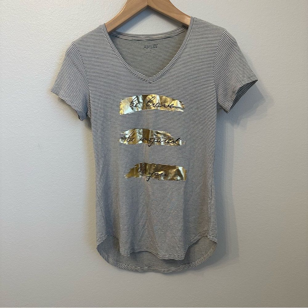 Apt. 9 Black and White Striped Graphic Tee with Gold Accents